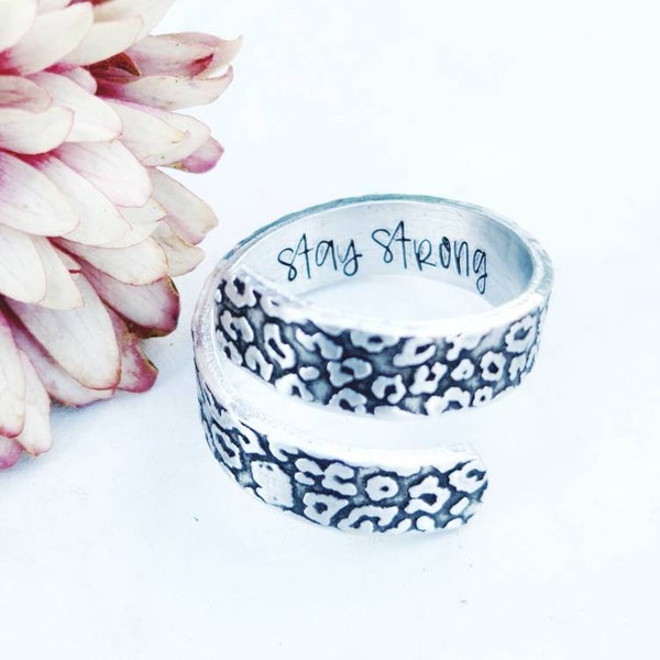 Hidden message patterned leopard wrap ring, silver adjustable ring, custom quote ring, inspirational ring, strength ring, stay strong ring