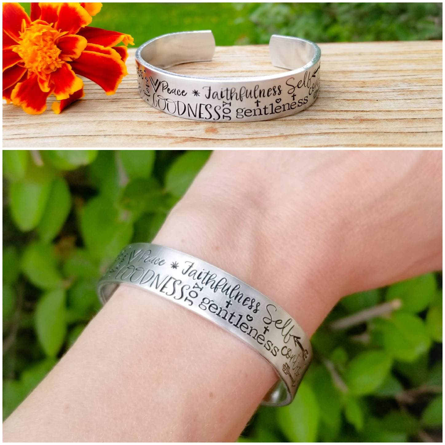 Hand Stamped Fruits of the Spirit Aluminum Cuff, Christian Jewelry