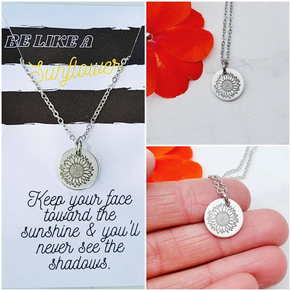 Sunflower necklace, carded necklace gift, unique encouragement necklace, quote necklace, flower necklace, keep going, be like a sunflower