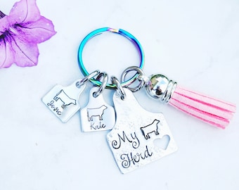 Hand Stamped Cow Tag Keychain, Personalized Farm Keyring, Tassel