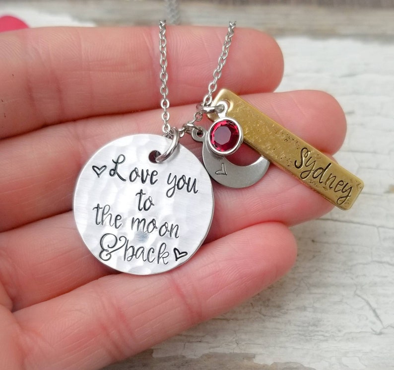 Love you to the moon and back, mom necklace, mixed metal, mommy jewelry, moon necklace, new mom gift, new baby gift, mothers necklace image 6