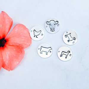 Farm animal permanent jewelry stamped connector, welded jewelry disc, permanent jewelry supply, cow charm, chicken add on, lamb goat sheep