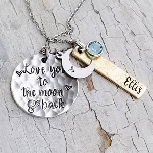 Love you to the moon and back, mom necklace, mixed metal, mommy jewelry, moon necklace, new mom gift, new baby gift, mothers necklace image 8