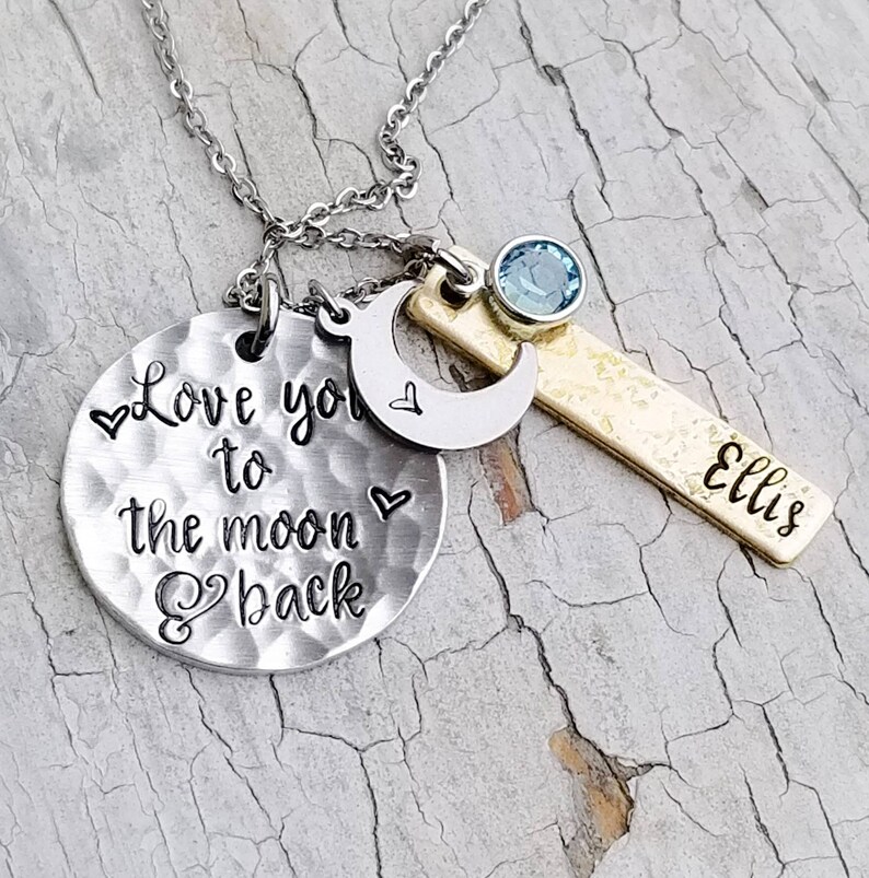 Love you to the moon and back, mom necklace, mixed metal, mommy jewelry, moon necklace, new mom gift, new baby gift, mothers necklace image 8