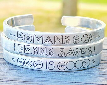 Hand Stamped Aluminum Scripture Cuff Bracelet, Christian Jewelry