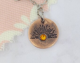 Vintage Sunset Copper Necklace, Birthstone Sun Jewelry