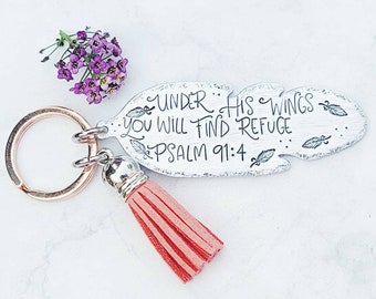 Feather Keychain, Psalm 91:4, Religious Gift