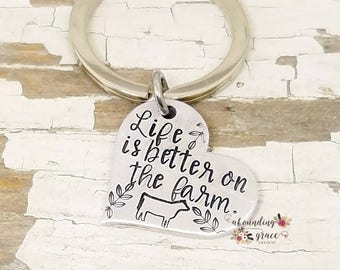 Life is better on the farm keychain, small heart keychain, farmers wife cow keychain, animal sheep, pig, chicken, farming gift,  show cattle