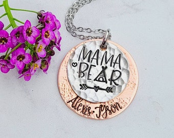 Mixed metal necklace mama necklace, mama bear necklace, kids names, copper and silver, layered necklace, unique mom jewelry, mommy necklace