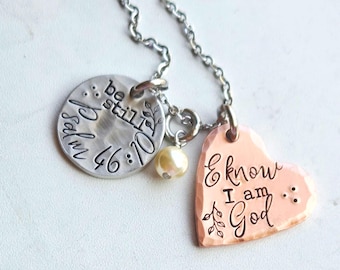 Hand Stamped Copper Heart Necklace, Pewter Disc, Christian Jewelry