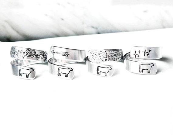 Personalized farm animal adjustable wrap ring, silver farm ring, custom wrap ring, ranch ring, agriculture jewelry, cow ring, floral farm
