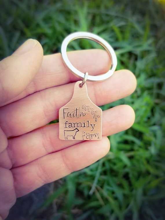 Cow Tag Keychain Faith Family Farm Ear Tag Keychain 