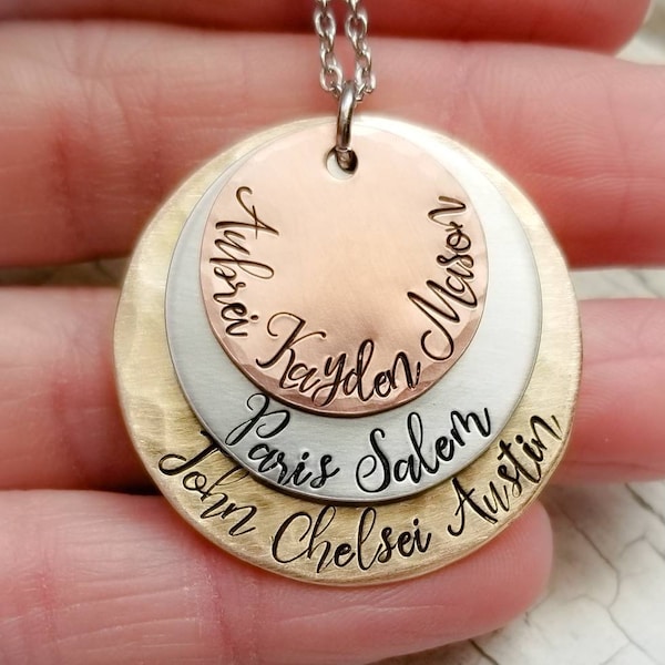 Grandma necklace, Layered disc, name necklace, mixed metal, mom necklace, stamped necklace, family necklace, custom, copper, brass, silver