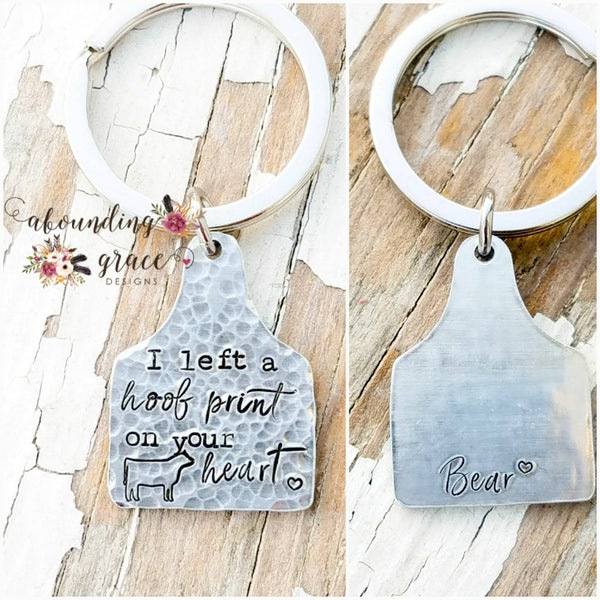 Cow tag memorial keychain, I left a hoof print on your heart, loss of pet, personalized ear tag keychain, farmers gift, loss of farm animal