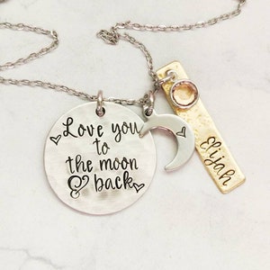 Love you to the moon and back, mom necklace, mixed metal, mommy jewelry, moon necklace, new mom gift, new baby gift, mothers necklace image 9