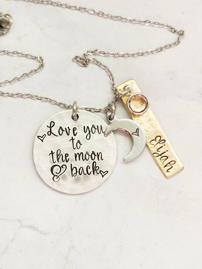 Love you to the moon and back, mom necklace, mixed metal, mommy jewelry, moon necklace, new mom gift, new baby gift, mothers necklace image 9