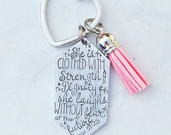 Proverbs 31 25 keychain, strength and dignity, scripture reference keyring, bible verse, christian keychain gift, laughs without fear