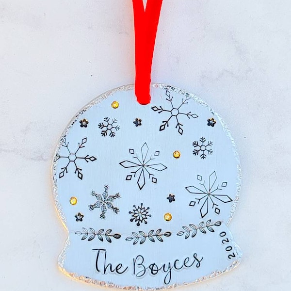 Family ornament, snow globe ornament, christian ornament, custom ornament, stamped ornament, aluminum ornament, keepsake ornament