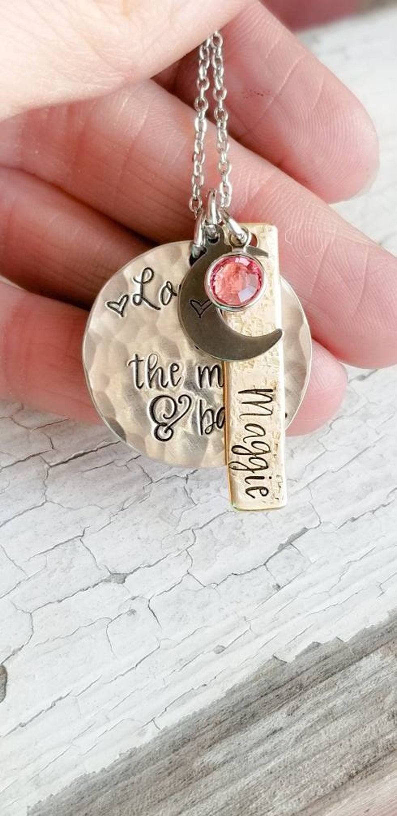 Love you to the moon and back, mom necklace, mixed metal, mommy jewelry, moon necklace, new mom gift, new baby gift, mothers necklace image 5