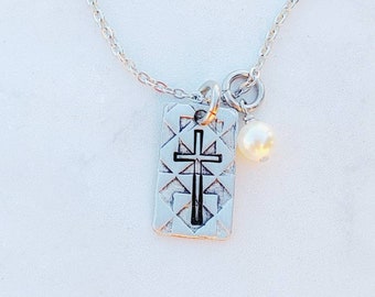 Cross necklace, unique patterned cross jewelry, pearl and cross, symbolic christian jewelry, salvation gift, baptism gift, testimony jewelry