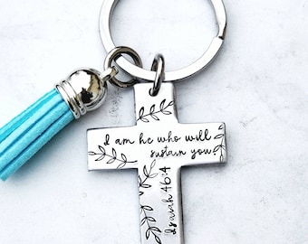 Hand Stamped Cross Keyring, Personalized Bible Verse, Christian Gift