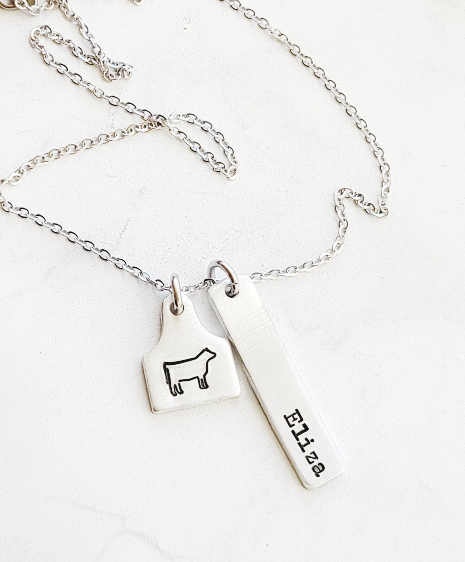 Tiny Ear Tag Bar Necklace Cow Name Number Necklace Custom Etsy