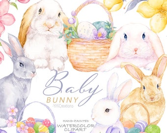 Baby Bunny Clipart, Watercolor Spring Animal, Easter Basket Illustration Download, Floral Rabbit, Eggs, Forest, Printable Bunnies, Country