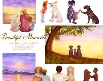 Best Friends Clipart, Watercolor People with Dog, Loyal Beloved, Digital Sunset Landscape, Pet Lovers, Girl with Dog, Puppy, I Love My Dog