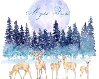 Watercolor Forest Landscape Clipart, Winter Woodland Download, Deer Family, Mother and Fawn, Pine Tree, Evergreen Conifer, Christmas Scenery