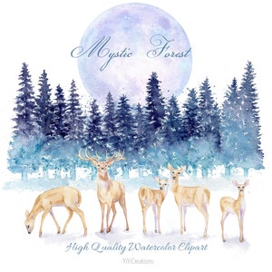 Clipart paesaggio forestale ad acquerello, download di boschi invernali, famiglia di cervi, madre e cerbiatto, albero di pino, conifera sempreverde, scenario natalizio