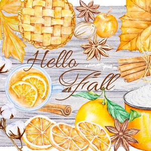 Imágenes prediseñadas rústicas de acuarela de otoño, ilustraciones de comida de otoño, imágenes prediseñadas de cosecha vintage, hojas y semillas de otoño, palitos de canela, agradecido siempre