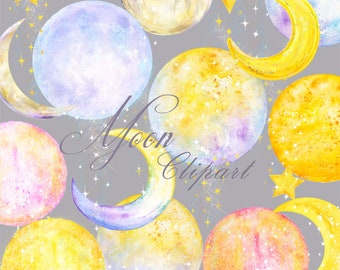 Watercolor Moon And Star Clipart, Digital Download Lunar images, Full Moon Painting, Space Digital Download Stars and Moons PNG, Nursery Art