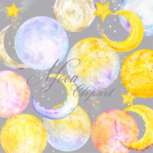 Watercolor Moon And Star Clipart, Digital Download Lunar images, Full Moon Painting, Space Digital Download Stars and Moons PNG, Nursery Art
