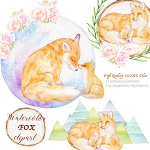 Woodland Aquarelle Fox Clipart, Nursery Animals Digital Clip Art, Maman et bébé Renards Illustrations, Forest Friend Family, Floral Graphic