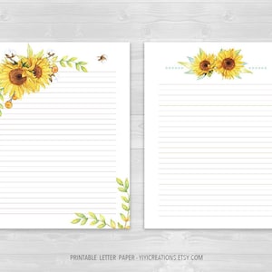 Ensemble floral imprimable en papier à lettre, journal numérique à télécharger, feuille d'écriture tournesol, lettre vierge et lignée, papeterie aquarelle