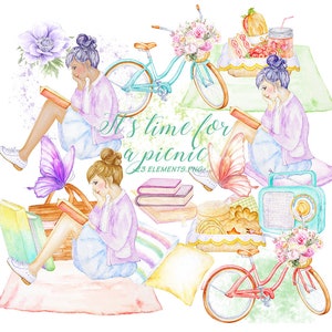 Puede incluir: Ilustración en acuarela con el texto "It's time for a picnic". La imagen presenta dos bicicletas, libros, comida, mariposas y dos mujeres leyendo. La paleta de colores incluye pasteles como el rosa, el azul y el amarillo.