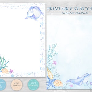 Blue Ocean Printable Writing Paper Set of 8, Cute Dolphin Stationery Download, Under The Sea Letter Note, Journal Page, Lined/Unlined sheet image 3