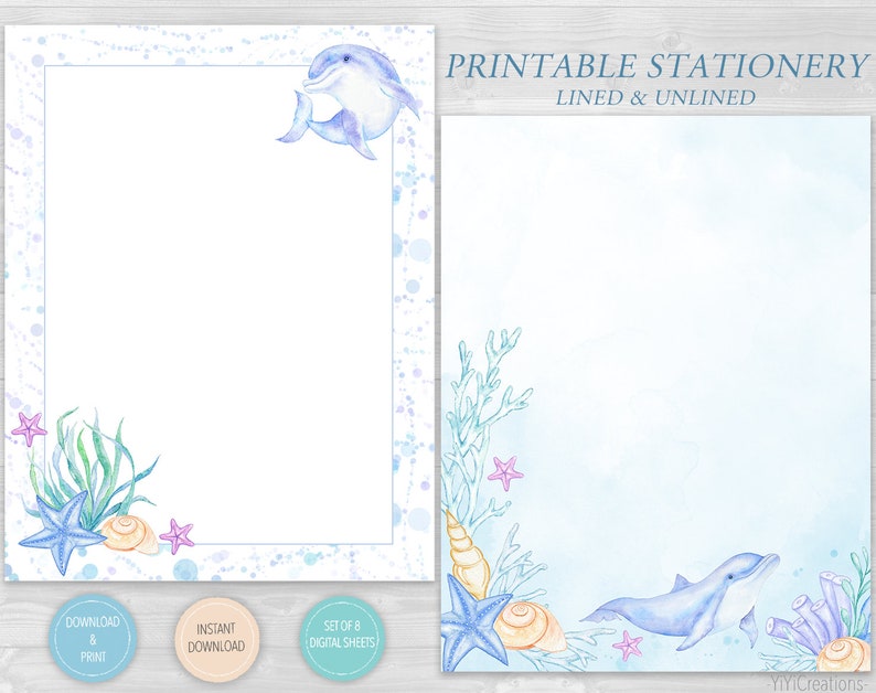 Blue Ocean Printable Writing Paper Set of 8, Cute Dolphin Stationery Download, Under The Sea Letter Note, Journal Page, Lined/Unlined sheet image 3
