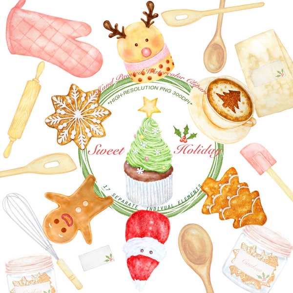 Sweet Christmas Clipart, Watercolor Dessert Clip art Instant Download, Gingerbread Man, Holiday Cookies, X'mas Ornament, Hand-painted cakes