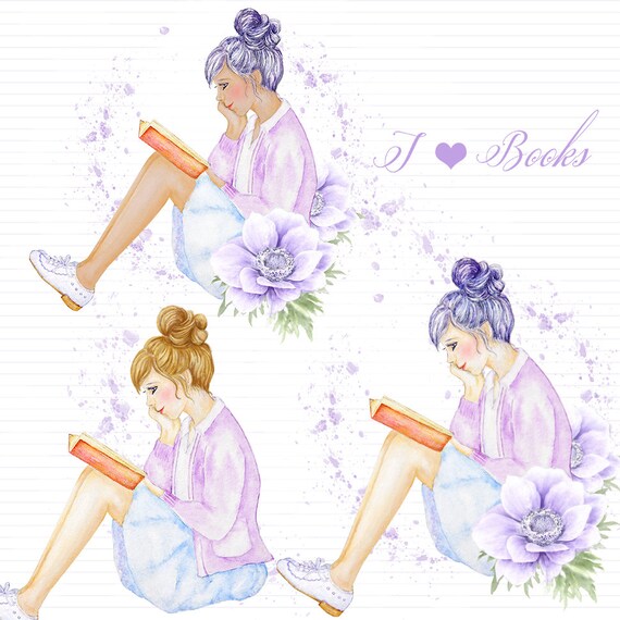 Reading Girl Clipart,Watercolor Fashion Girl Illustration Planner Picnic Season Spring And Summer Days Bike with Flower Woman With Book