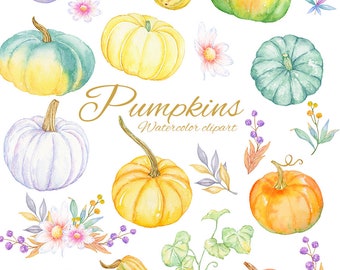 Pumpkin and Floral. Watercolor fall clipart, Harvest illustration, Autumn, Printable leaf and flower, Thanksgiving, White, Yellow squash png