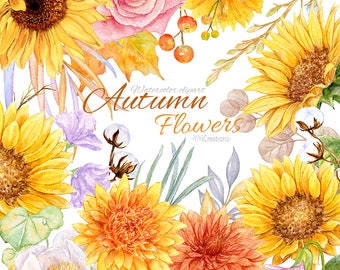 Wild Autumn Flower Clipart, Aquarel Fall Herb Digital Download, Vintage Floral Collection, Sunflower, Dahlia, Rose, Fall Leaves, Boho vibran