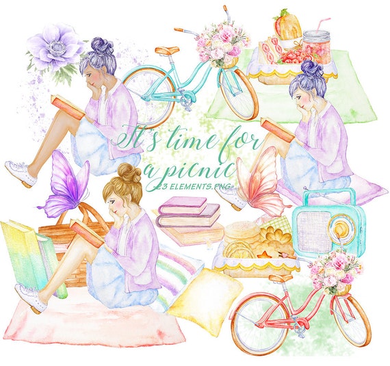Reading Girl Clipart,Watercolor Fashion Girl Illustration Planner Picnic Season Spring And Summer Days Bike with Flower Woman With Book