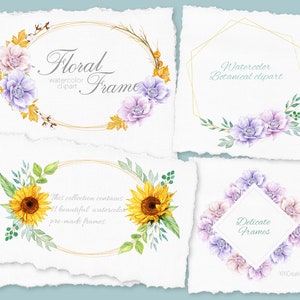 Watercolor Flower Frame Clipart: Sunflower, Anemone (Instant Download)