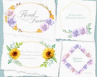 Watercolor Flower Frame Clipart Collection, Sunflower Wreaths, Printable Geometric frame, Anemone Border, Floral Instant Download, Wedding