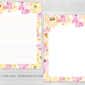 Conjunto de peonías de 6 papelería imprimible, descarga de papel de carta digital, hoja de escritura floral, nota forrada y en blanco, papel de diario de plantas bonitas