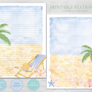 Carta da lettere stampabile con palme tropicali, cancelleria per scrivere a tema spiaggia, diario digitale, foglio di download istantaneo sull'oceano, vacanze estive