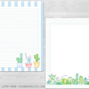 Papel de carta imprimible de cactus de acuarela, diario de cactus, papelería de descarga instantánea, hoja de escritura digital suculenta, nota en blanco 8.5 x 11