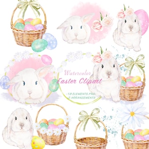 May include: Watercolor Easter clipart featuring white bunnies, Easter eggs, and woven baskets. The image includes text that reads "Watercolor Easter Clipart". The clipart has a soft, pastel color palette.