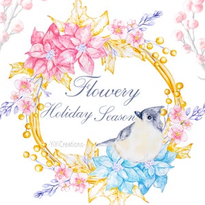 Couronne de printemps-oiseaux et clipart floral, aquarelle poinsettia clip art, oiseaux bleus de l’est mignons, mésange sauvage, art imprimable d’hiver png